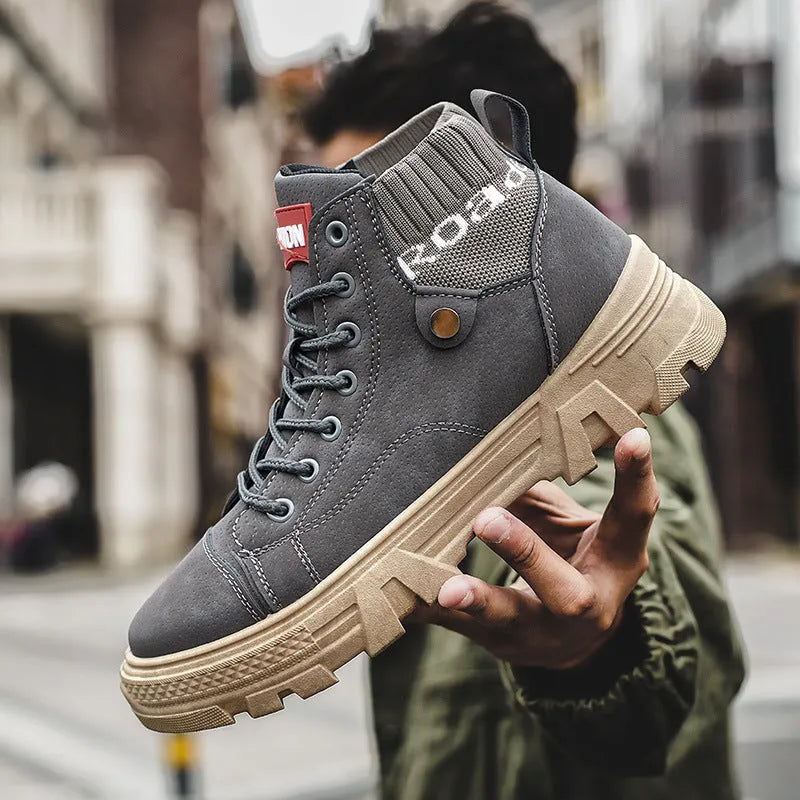 Men's high top Martin boots with square heel, round toe, and car suture detailing in black