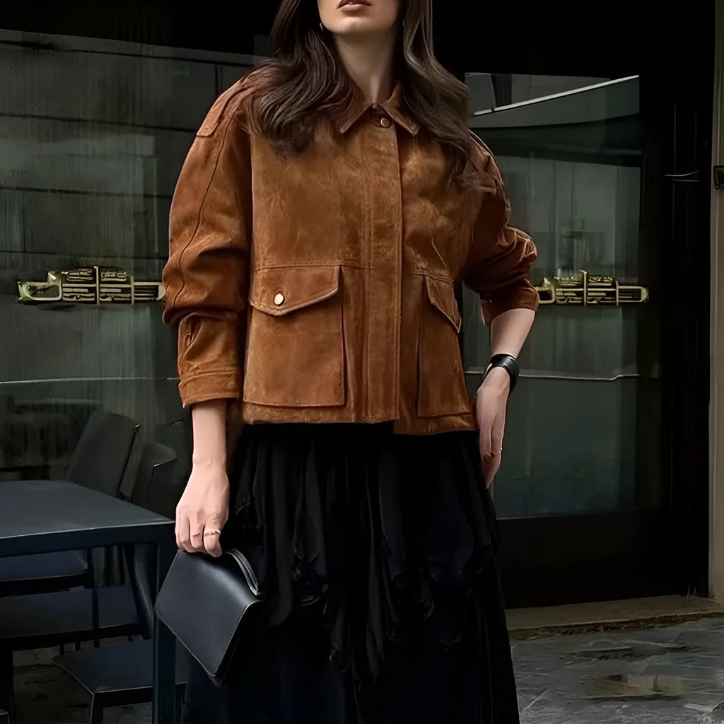 Women's brown polyester suede coat with regular sleeves in street chic style showing front view