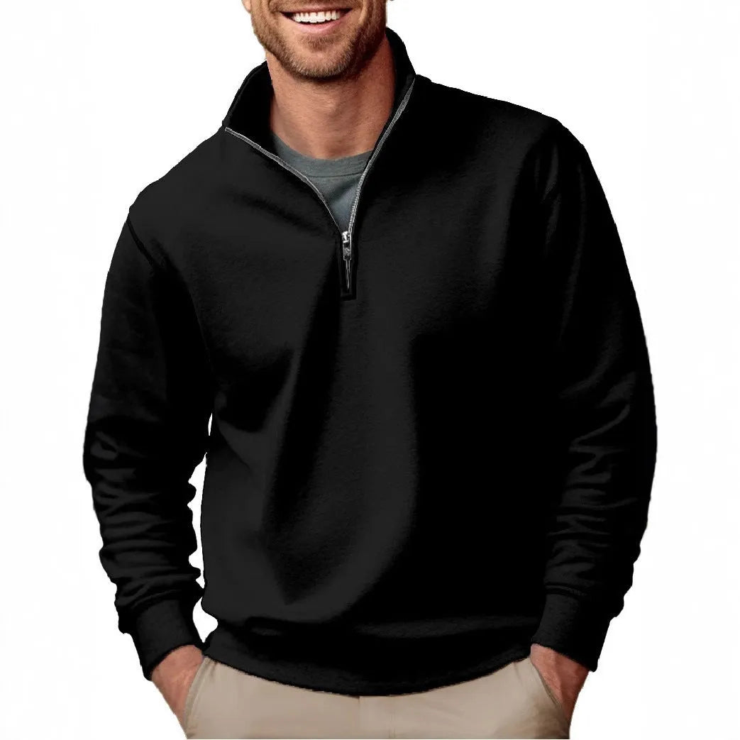Men's pullover sweater in purple velvet polyester with zipper stand collar, loose fit, long sleeves, and chest patch pocket