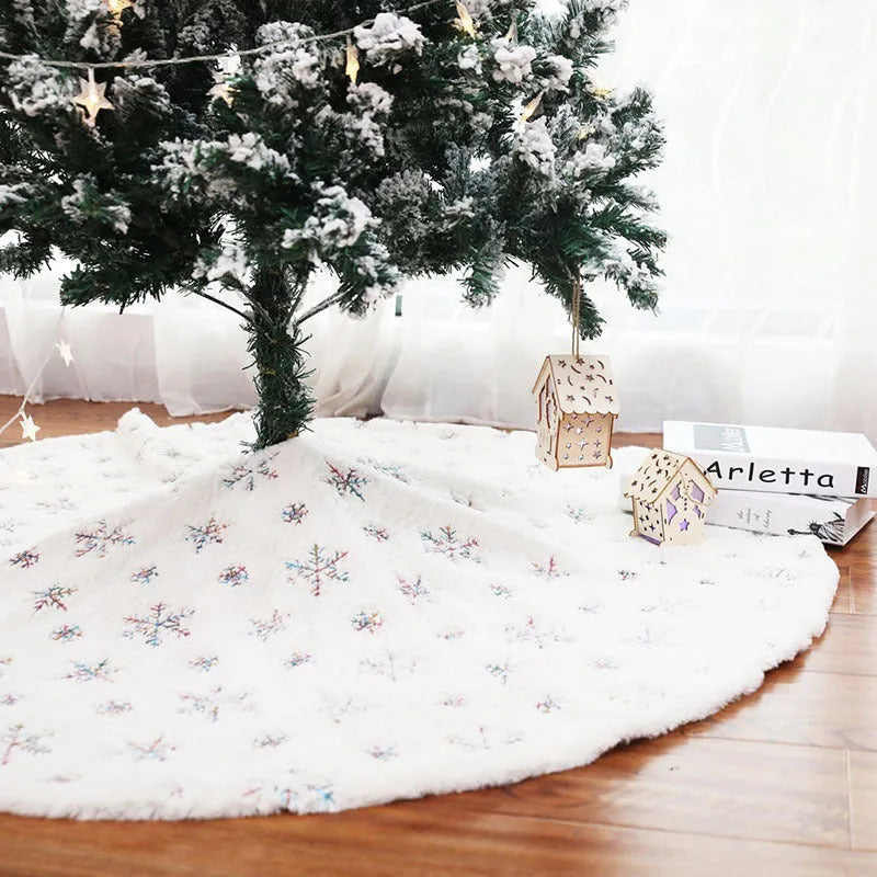 Christmas tree skirt with silver sequin embroidery Christmas tree design on white background
