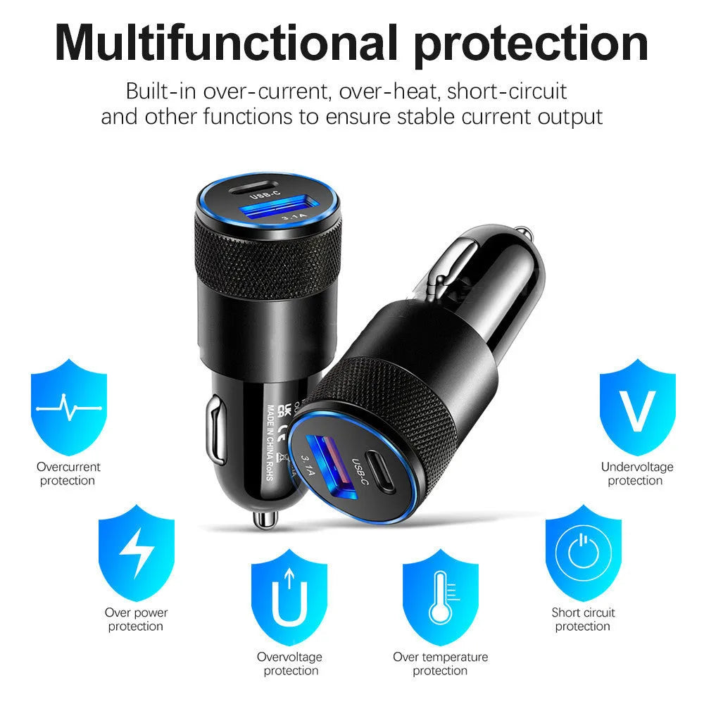 Aluminium alloy mobile phone car charger measuring 2.5 by 6 centimetres