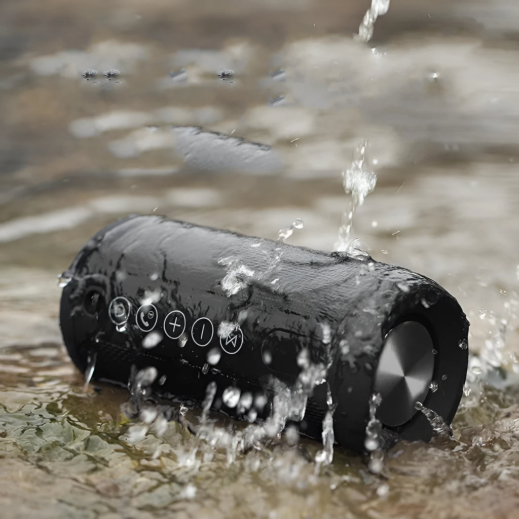 Black, Camouflage, Grey, and Red portable Bluetooth speaker with TF card slot and AUX input.