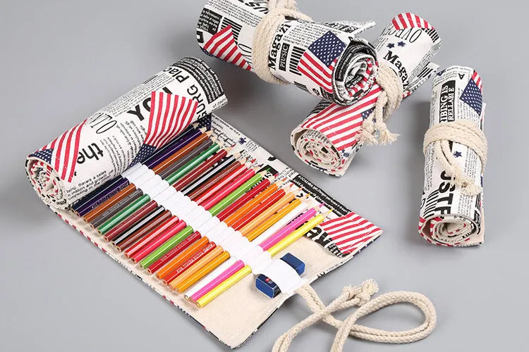 Canvas pencil wrap with multiple elastic bands rolled up showing slot configuration