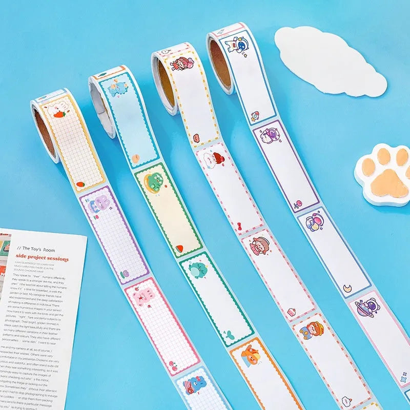 Roll of cartoon name tape stickers showing dinosaur, astronaut, rabbit, and girl designs.