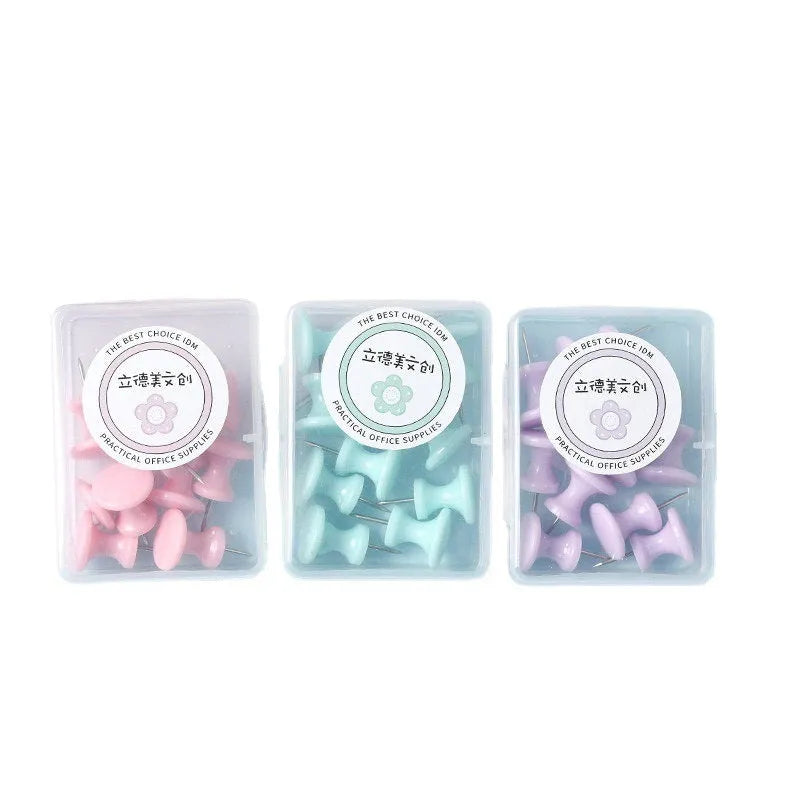 Macaron colour plastic push pins in cherry blossom powder, mint green and lavender in large and small sizes