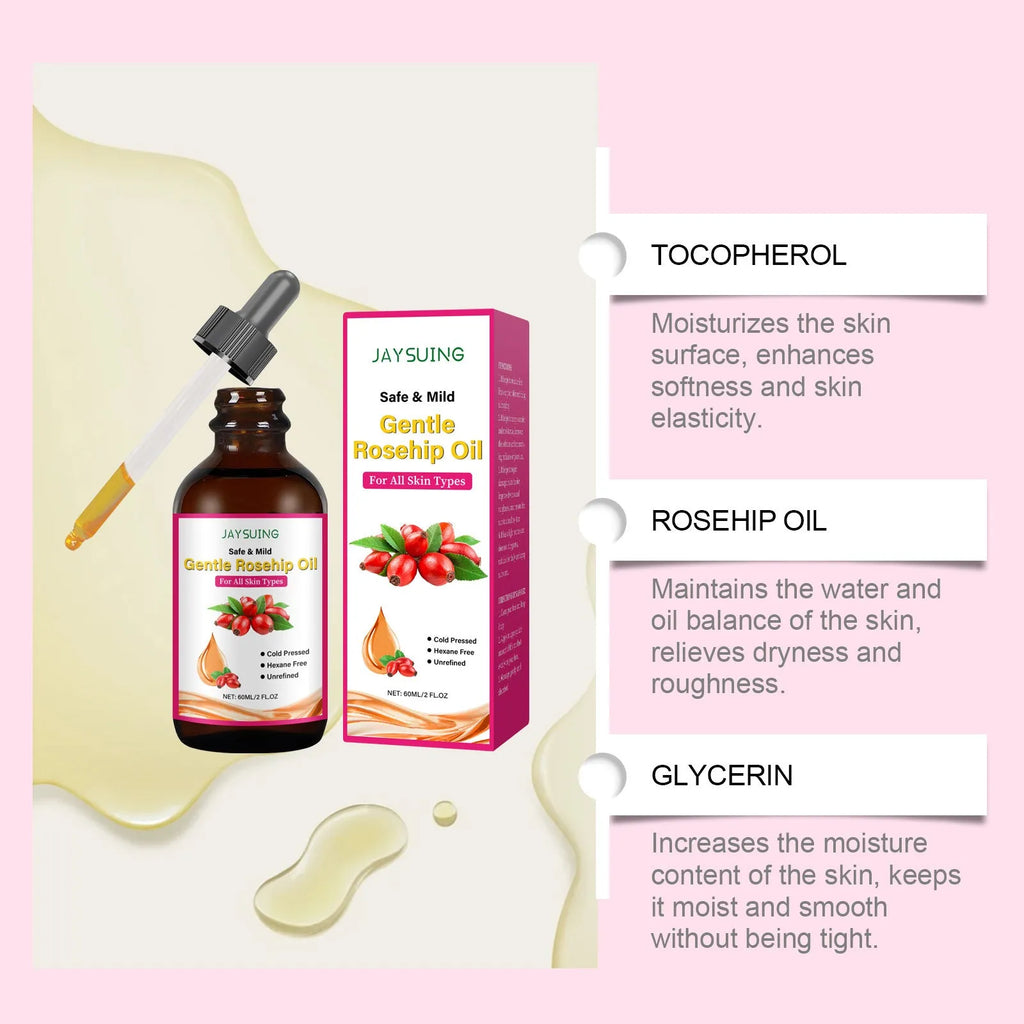 Rose Fruit Seed Facial Oil 60ml bottle with rose hip oil and vitamin E ingredient list