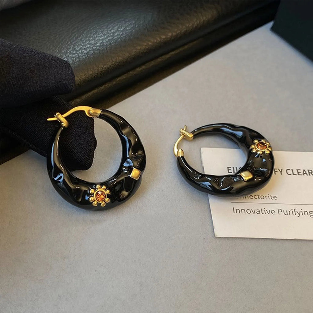 Hong Kong style retro rhinestone ear studs with dripping oil treatment in black and red colour options