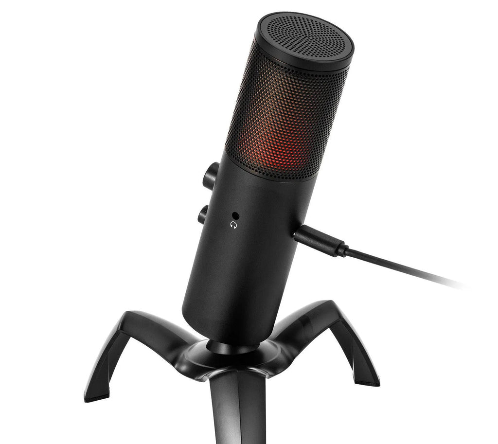 Black Q18 USB condenser microphone with RGB lights on a metal tripod stand