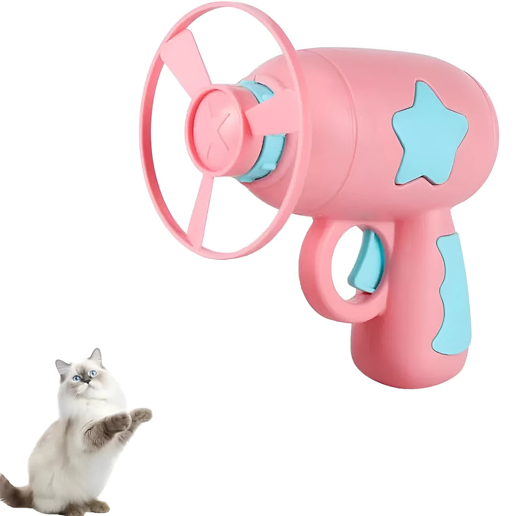 Blue plastic cat toy gun with spinning frisbee launch mechanism for indoor cats