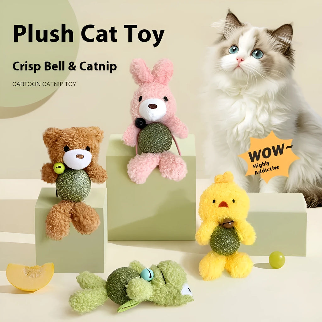 Brown bear plush cat toy with mint ball centre and bell, measuring 15cm high by 7cm wide