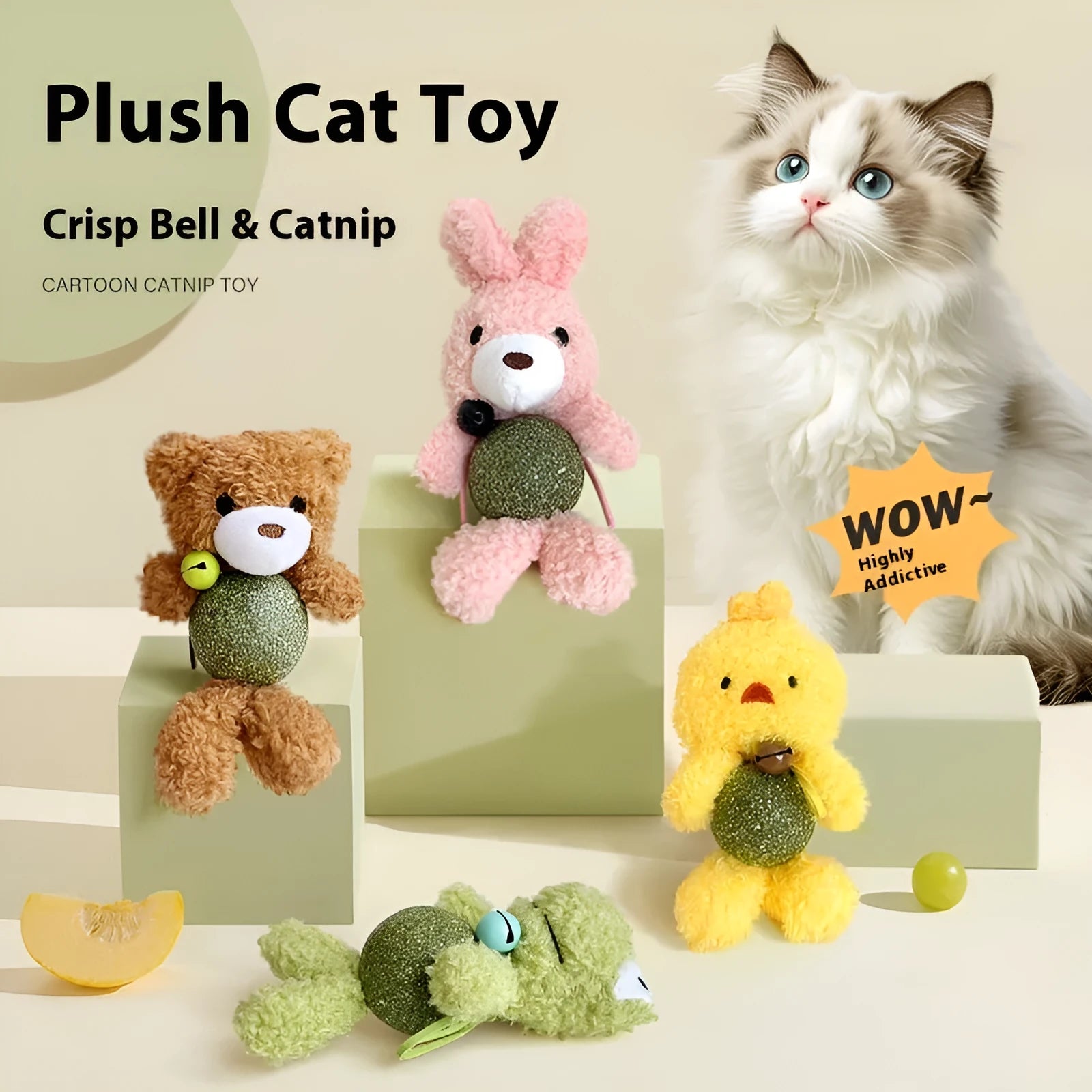Brown bear plush cat toy with mint ball centre and bell, measuring 15cm high by 7cm wide