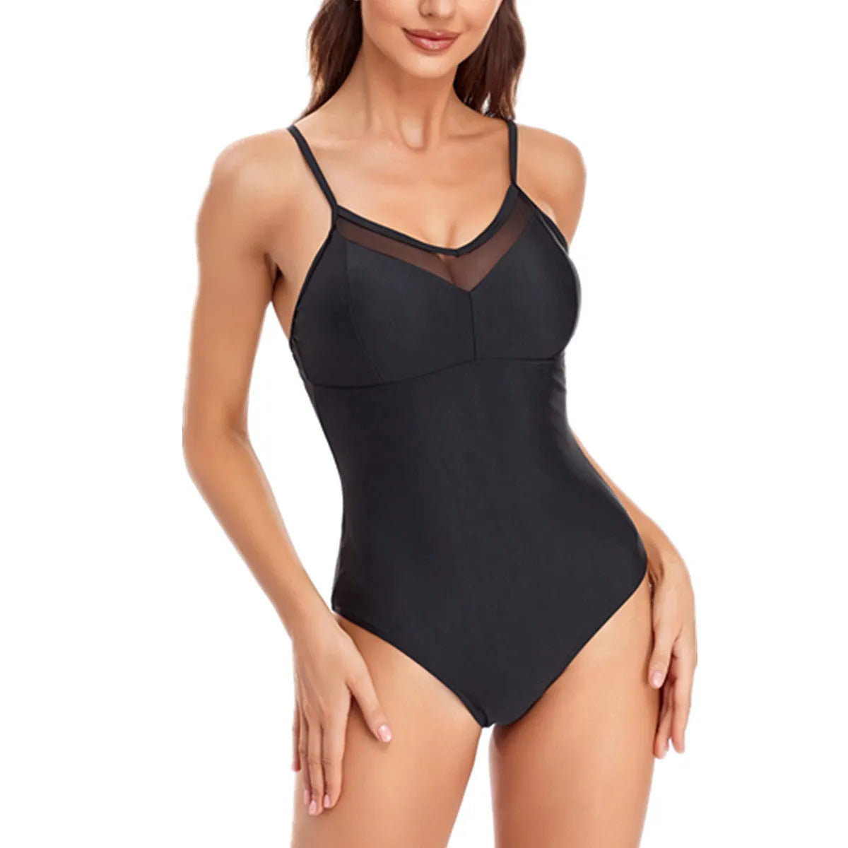 Women's solid blue backless one-piece swimsuit on a mannequin, showing mesh lining and tight fit.