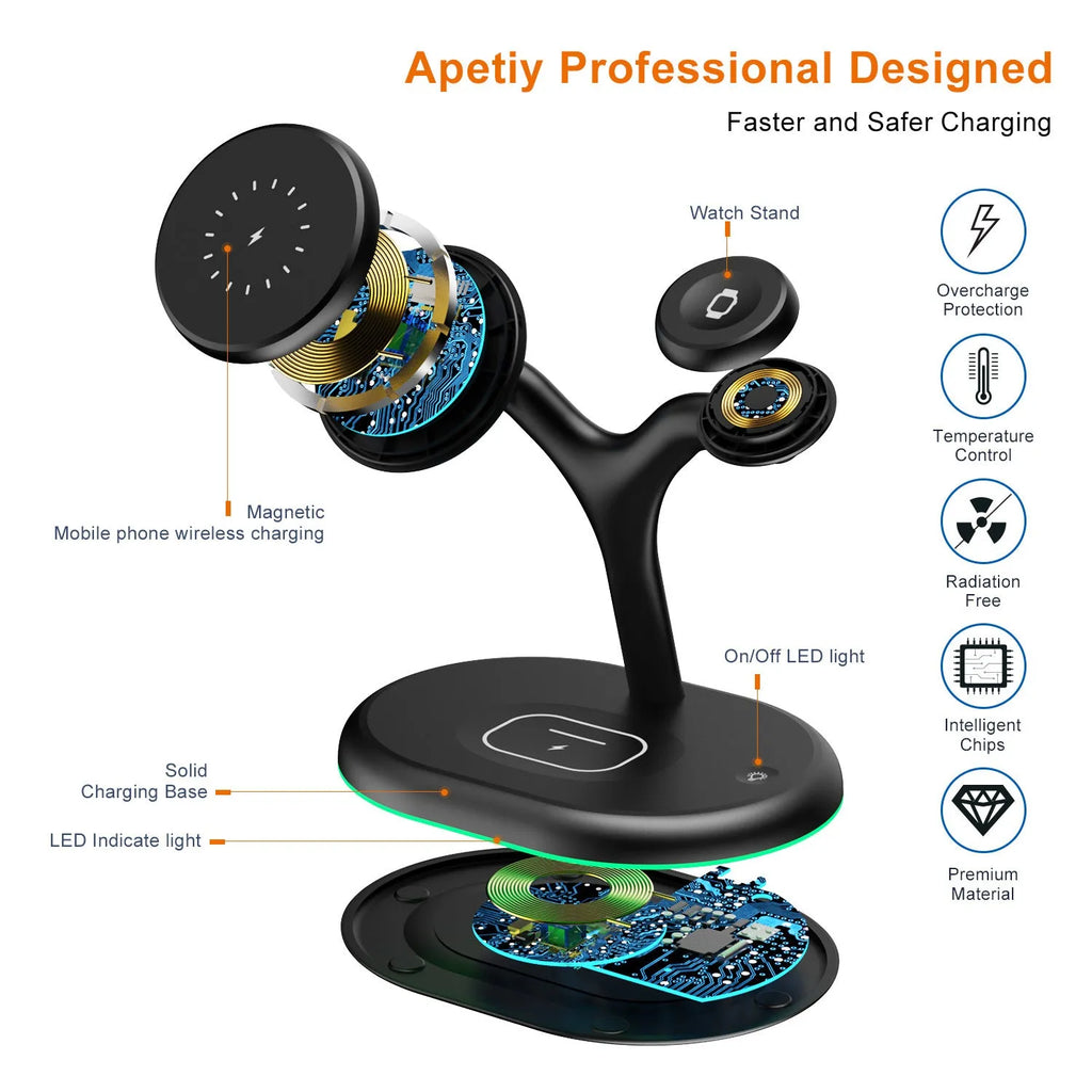 Black three-in-one magnetic wireless charger with a simplistic design on a table.