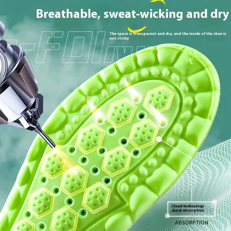 Green PU air cushion sports insole with argy wormwood for shock absorption and sweat management.