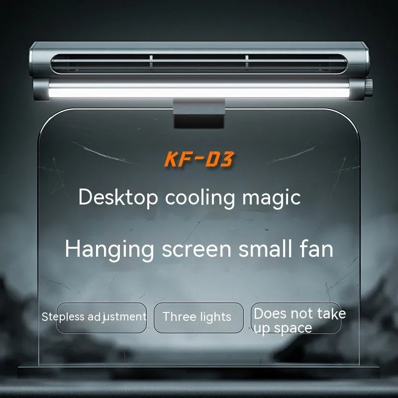 Black bladeless USB fan with lighting lamp and laptop screen clip attachment for computer cooling