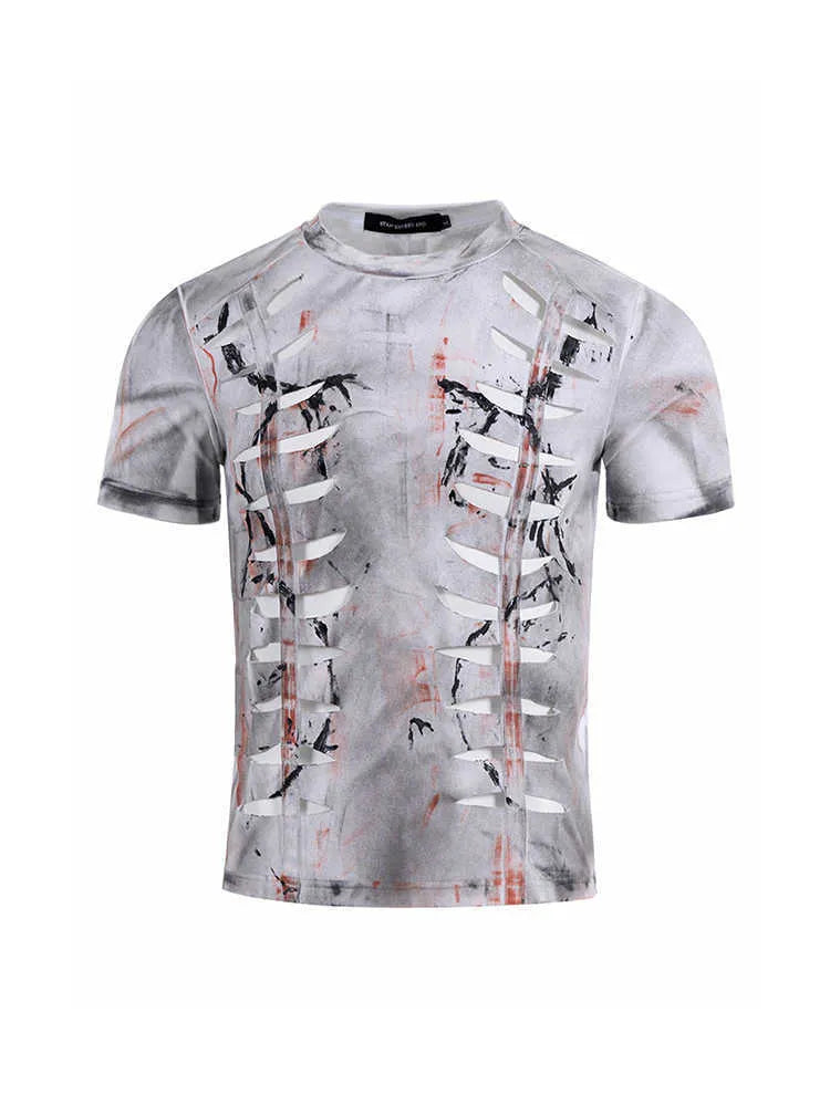 White men's stretch cotton short sleeve t-shirt with hollow-out detail and round neck collar.