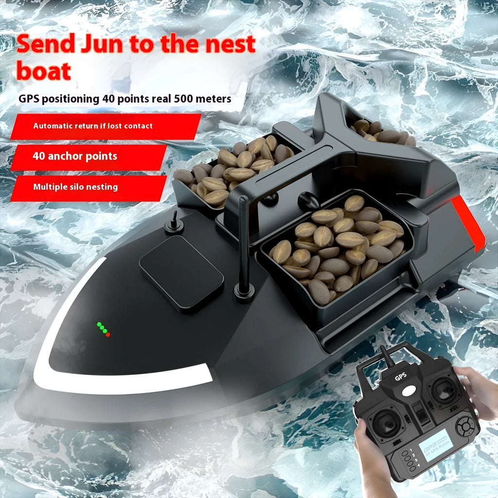 Black GPS remote control fishing boat with LED light on calm water