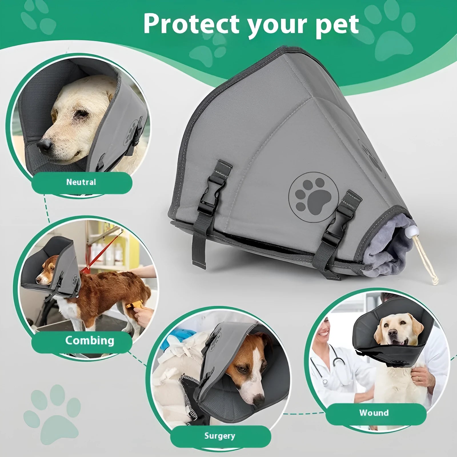 A grey adjustable polyester ring collar for pet sterilisation, shown in single and double layer styles.
