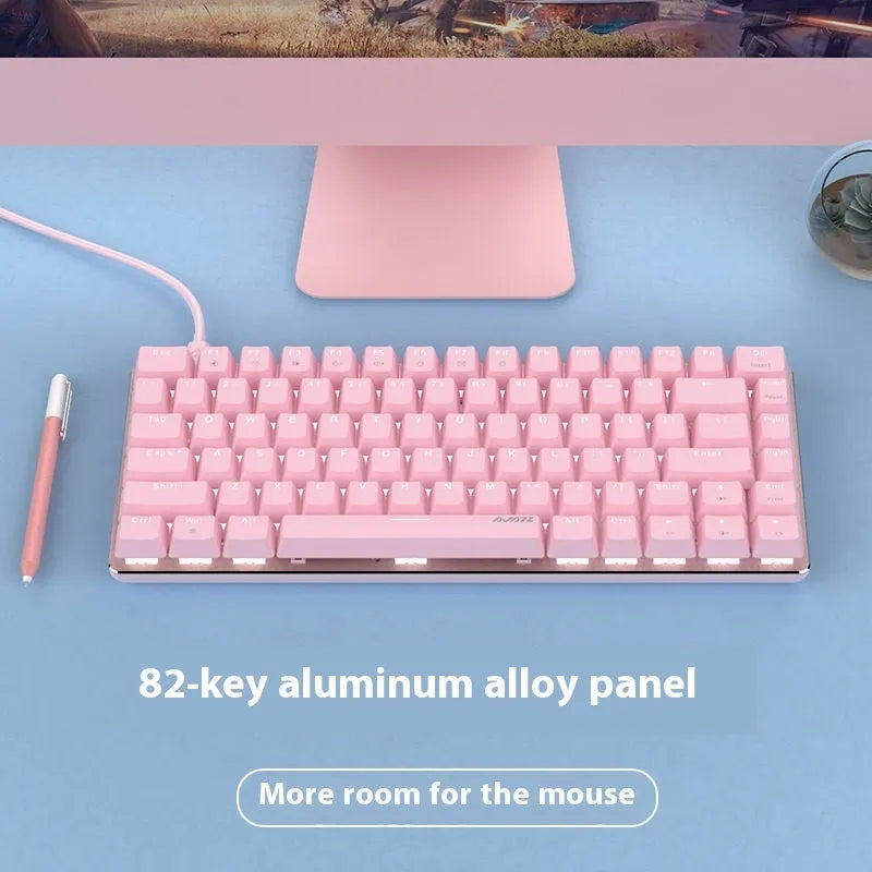 Compact white-backlit mechanical keyboard with 82 keys and metal case on a desk.