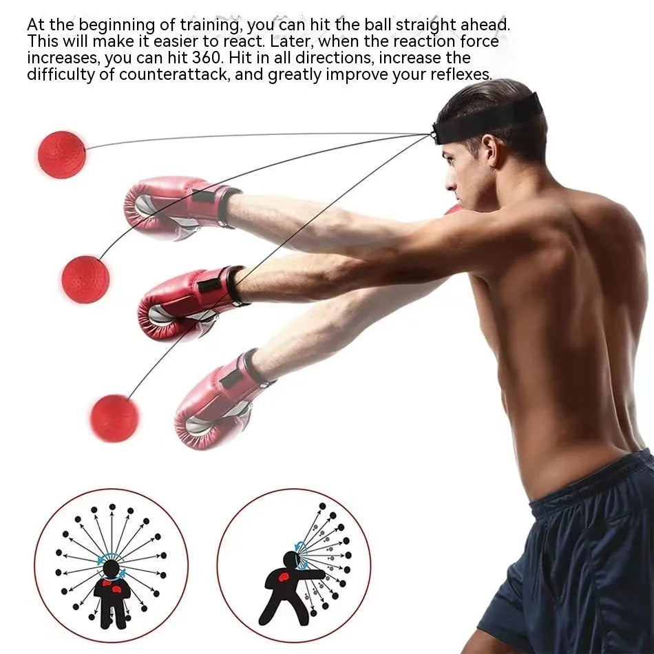 Head-mounted boxing reaction training ball set showing adjustable headbands and red, yellow, and green PU balls.