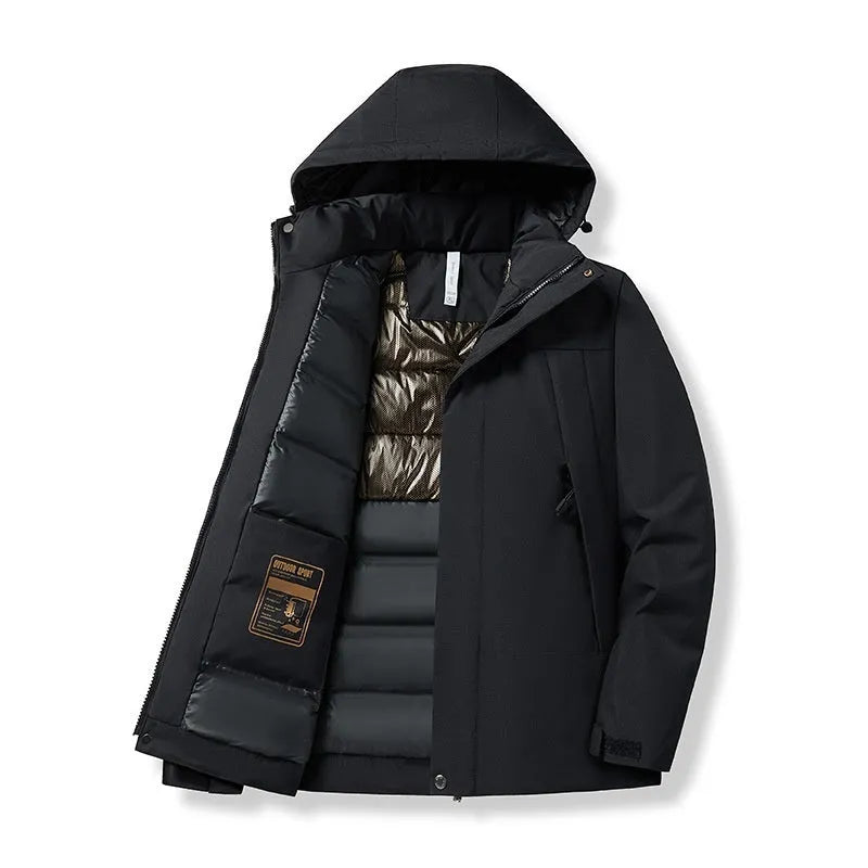 Winter thicken thermal shell jacket in black, waterproof polyester with contrast colour details for outdoor skiing and hiking