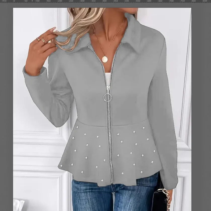 Women's black spandex coat with beaded heavy-duty zipper and ruffled hem detail