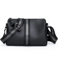 Black genuine leather one-shoulder crossbody bag showing 24x16x13cm dimensions and polyester lining interior