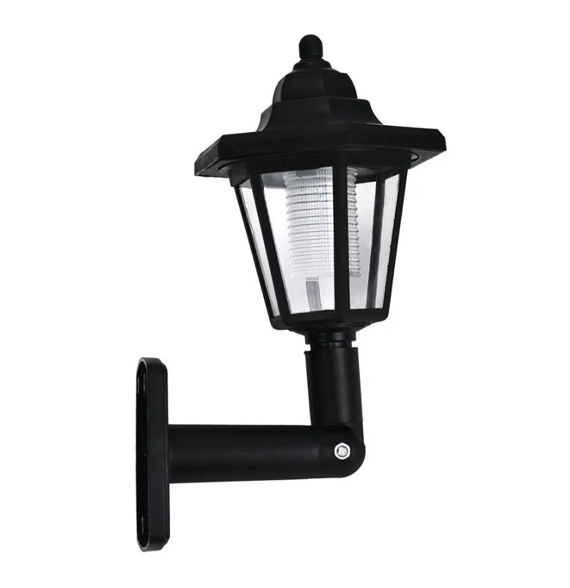 Black hexagonal solar wall lamp with solar panel, measuring 13x15x22cm