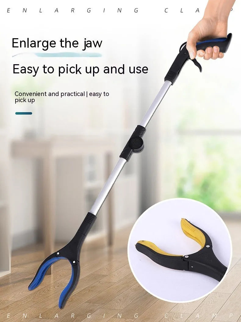 Folding silver aluminium garbage clamp with blue handle extended to 80cm length