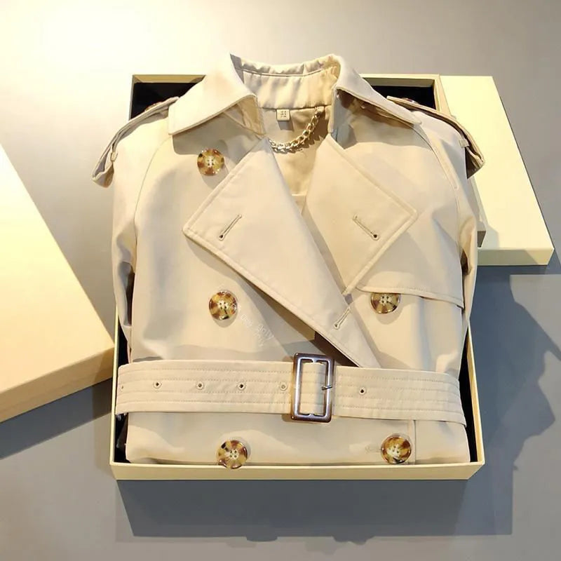 Khaki coloured women's double-breasted trench coat with flight sleeves on a hanger.