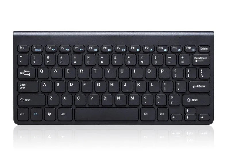 Black and white wireless keyboard and mouse set with 78 keys and 4 buttons showing 10-metre wireless range