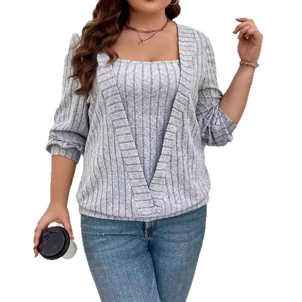 Women's solid colour rib fabric false two-piece suit with V-neck and long sleeves in loose fit