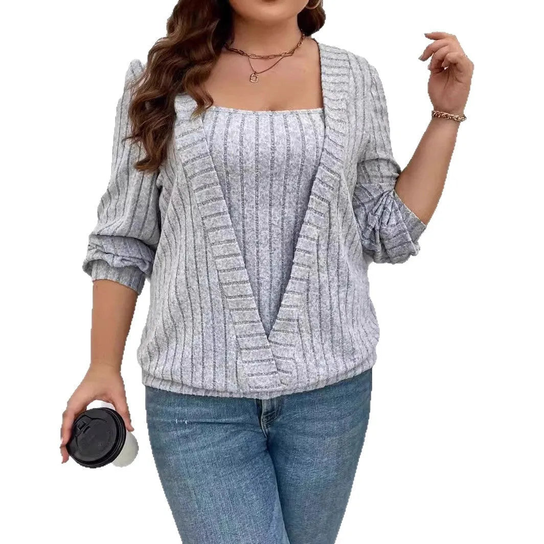 Women's solid colour rib fabric false two-piece suit with V-neck and long sleeves in loose fit