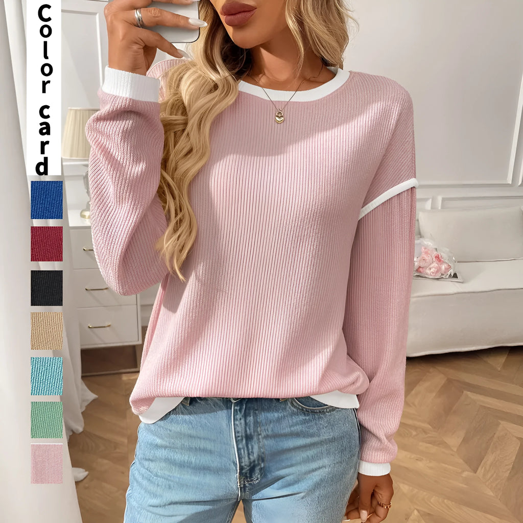 Women's loose fit polyester pullover top in round neck design with long sleeves