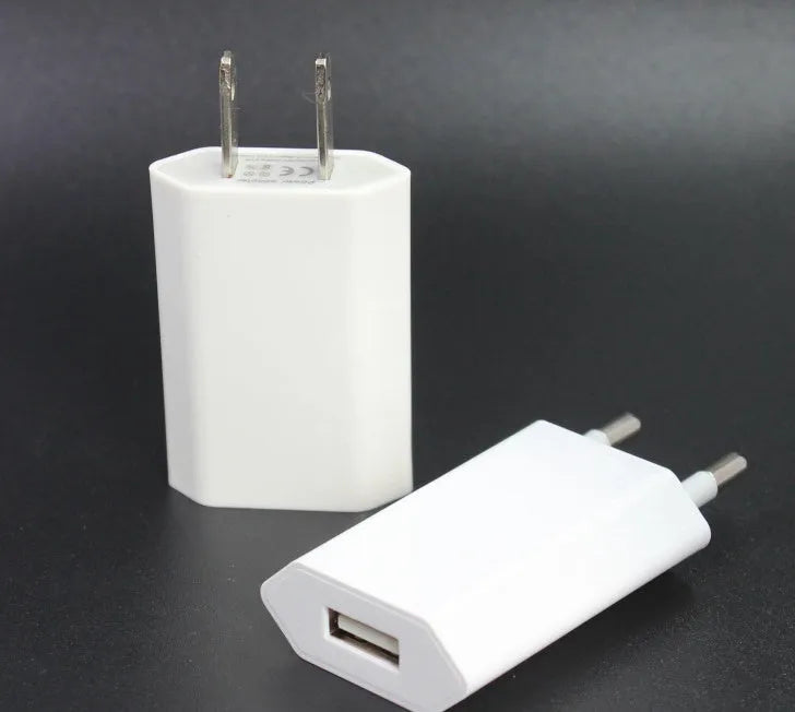 Compact white USB travel charger with 5V 2A output next to iPhone and iPad showing compatibility