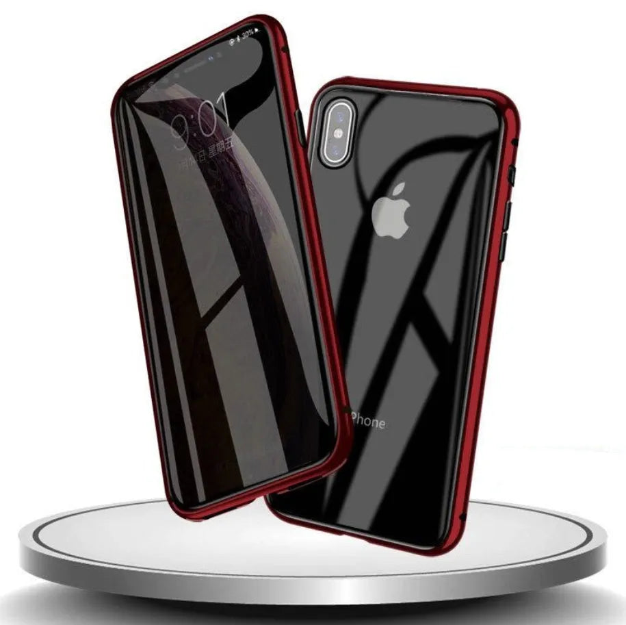 Geometric patterned glass clamshell privacy case for iPhone on a table.