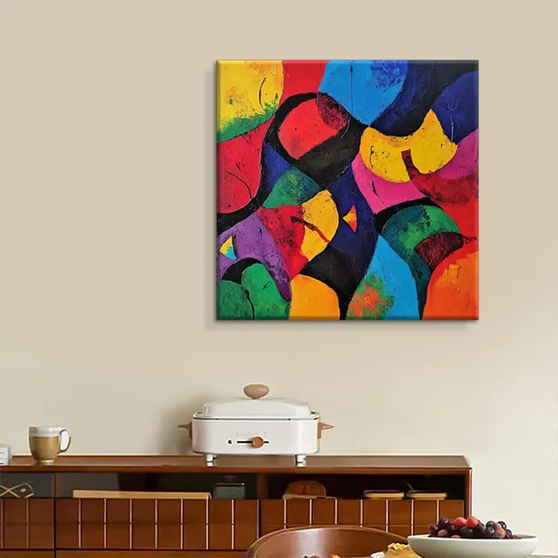 Hand-painted abstract oil painting on canvas, square unframed size 80x80cm, colourful design on white background.