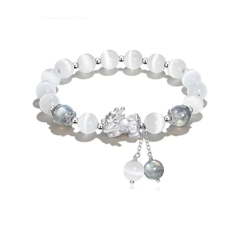 Handmade natural black agate and grey opal couple bracelet set with 10mm wave beads