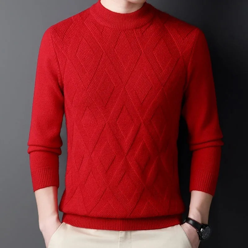 Men's grey diamond jacquard pattern wool blend heavyweight pullover sweater on a hanger.