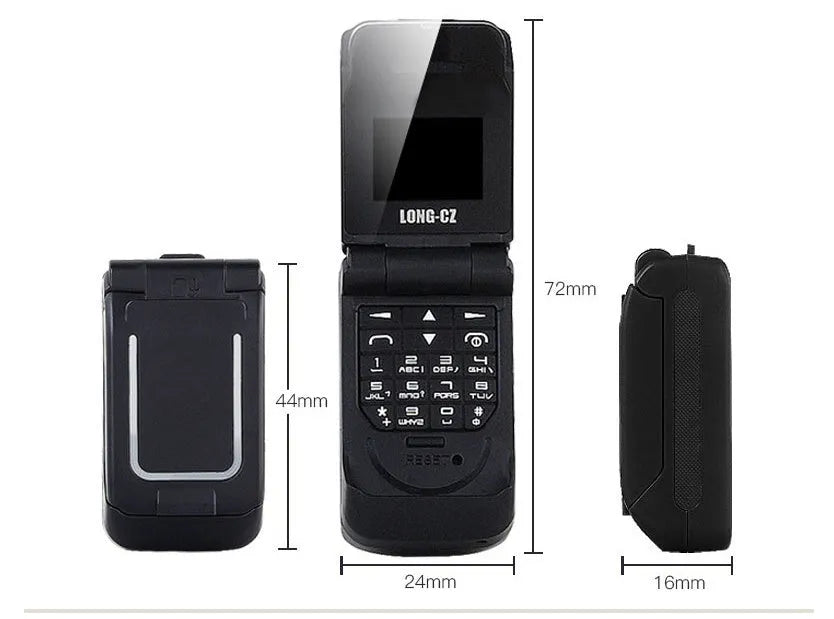 Mini flip phone in rose red, gold, blue, black, white, or yellow, showing closed flip cover design.
