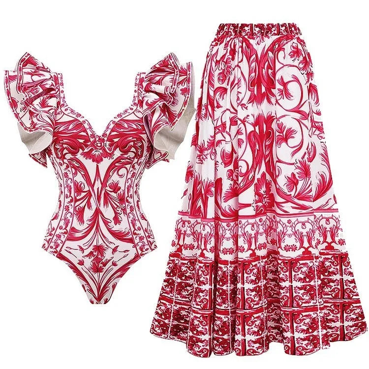 Women's printed one-piece polyester swimsuit in blue colour with adult sizing label