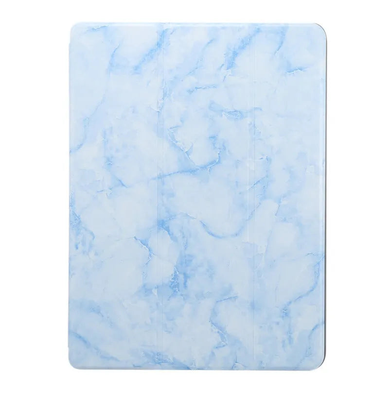 iPad imitation leather case with tri-fold marbling design showing integrated pen slot in dark gray colour