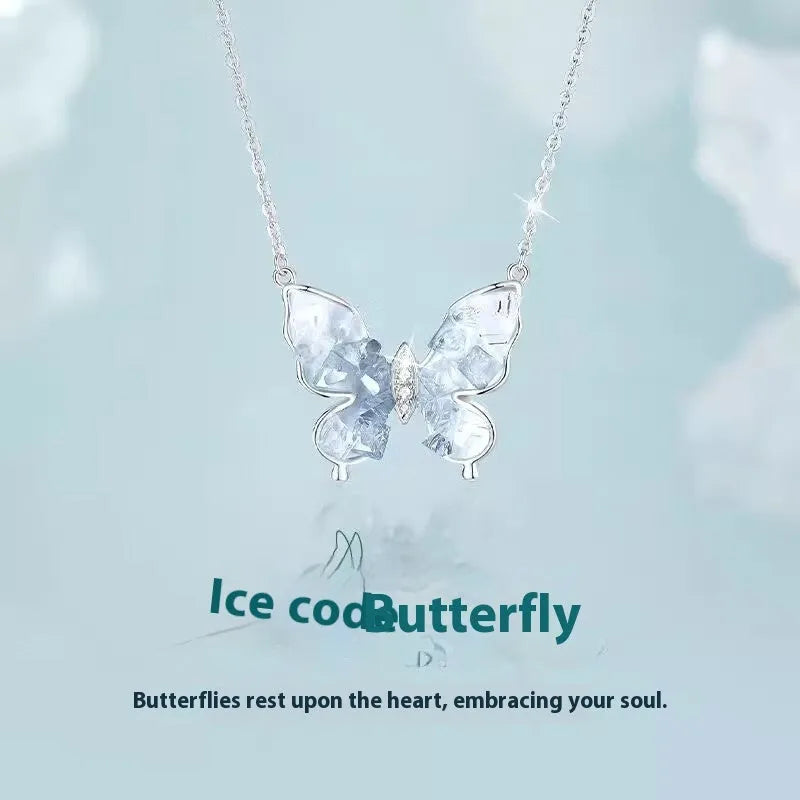 Silver Bingyu butterfly necklace with ice rain design on O-ring chain
