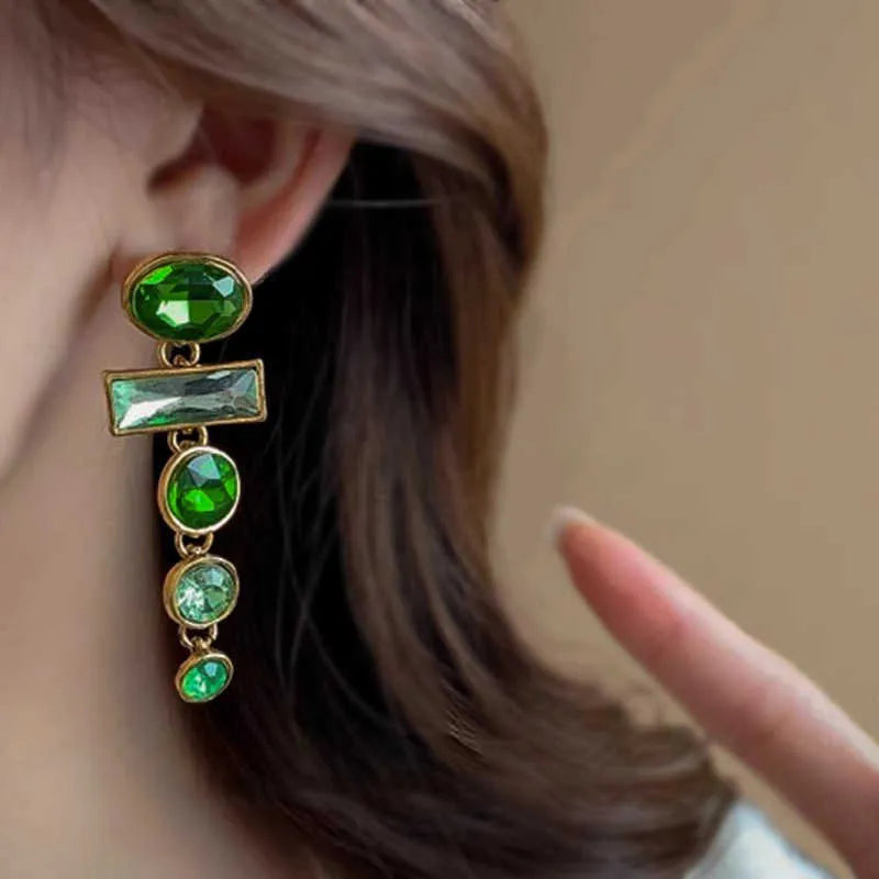 Green gradient geometric alloy earrings with tassel design and inlaid zircon detailing