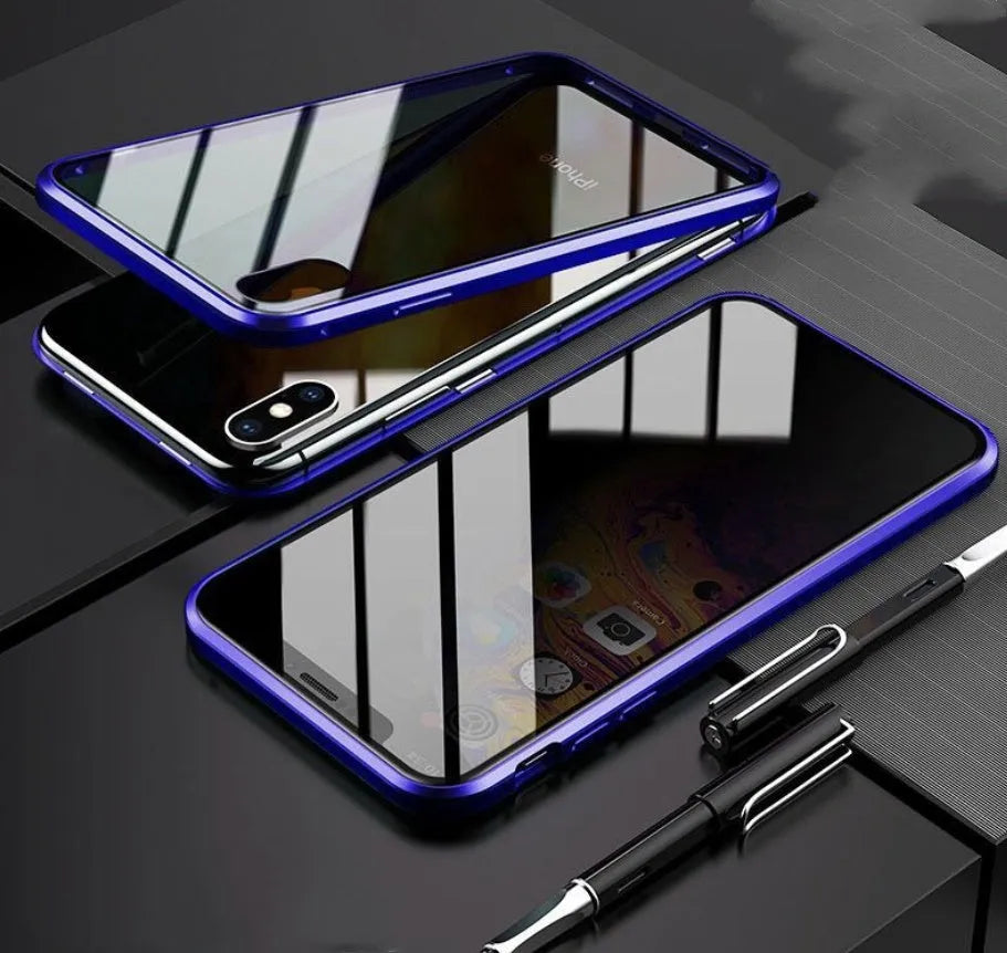 Geometric patterned glass clamshell privacy case for iPhone on a table.