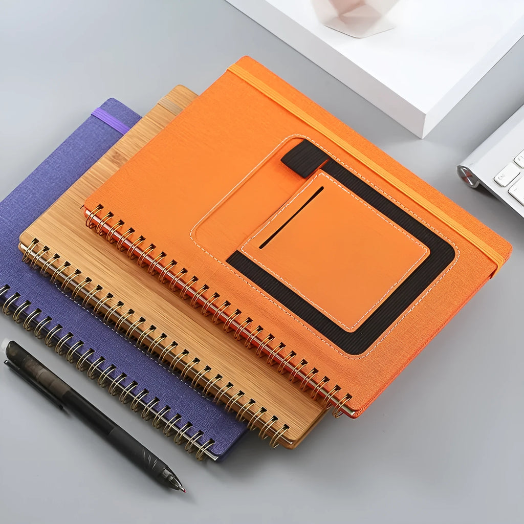 A5 erasable coil notebook with waterproof rock paper showing custom cover options including pockets and sticky notes