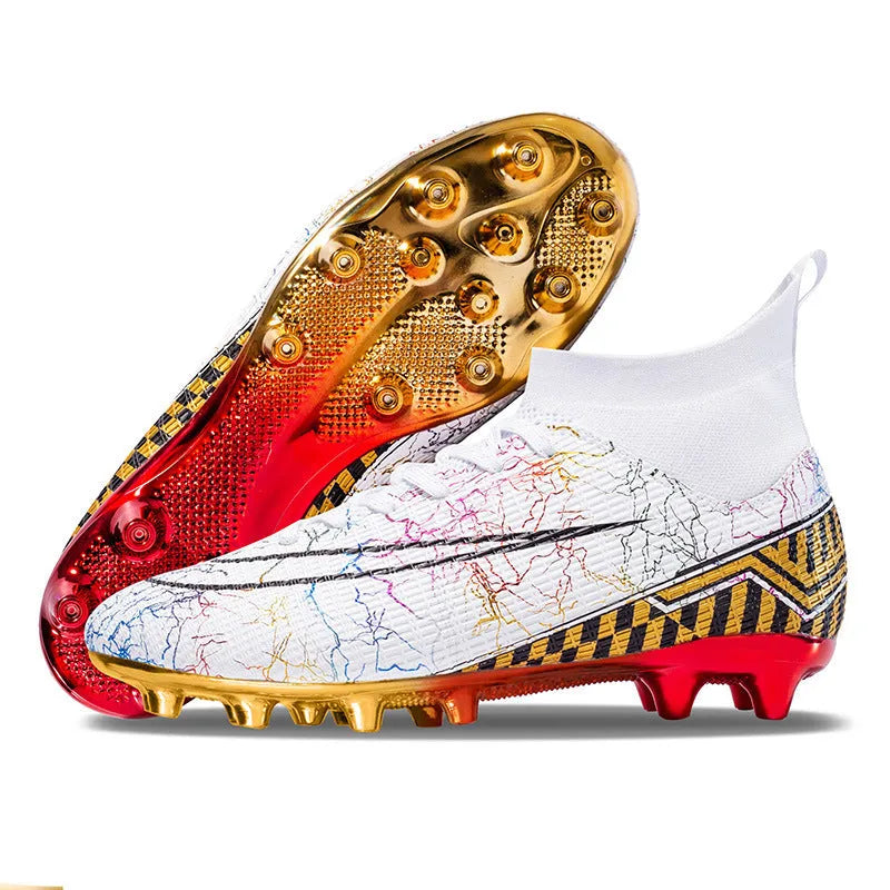 Men's high-top football training shoes with a gold plated bottom on a synthetic leather and PVC sole.