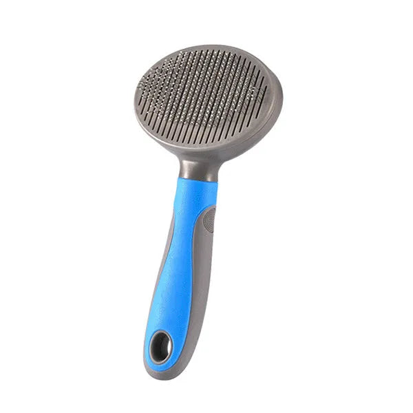 Double-sided steel needle pet grooming brush with plastic handle in blue and pink colours