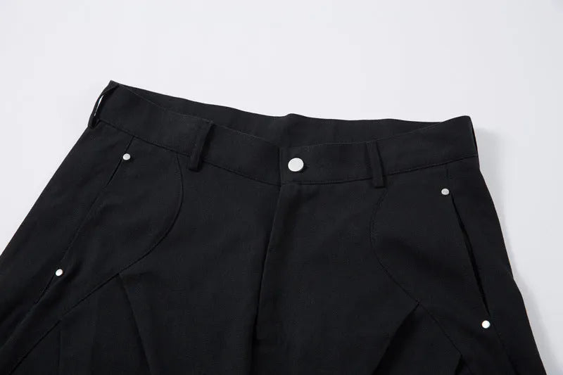Men's black pleated machete casual trousers with wide-leg loose-fitting design