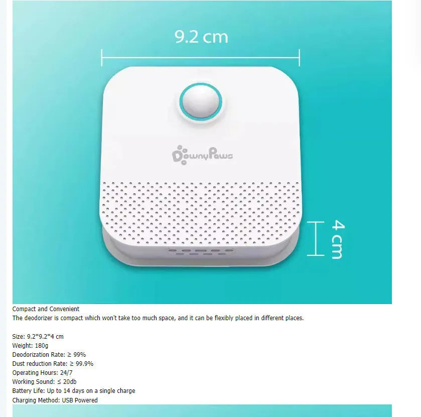 White smart cat litter air purifier with 4000mAh battery showing compact 9.2cm square design